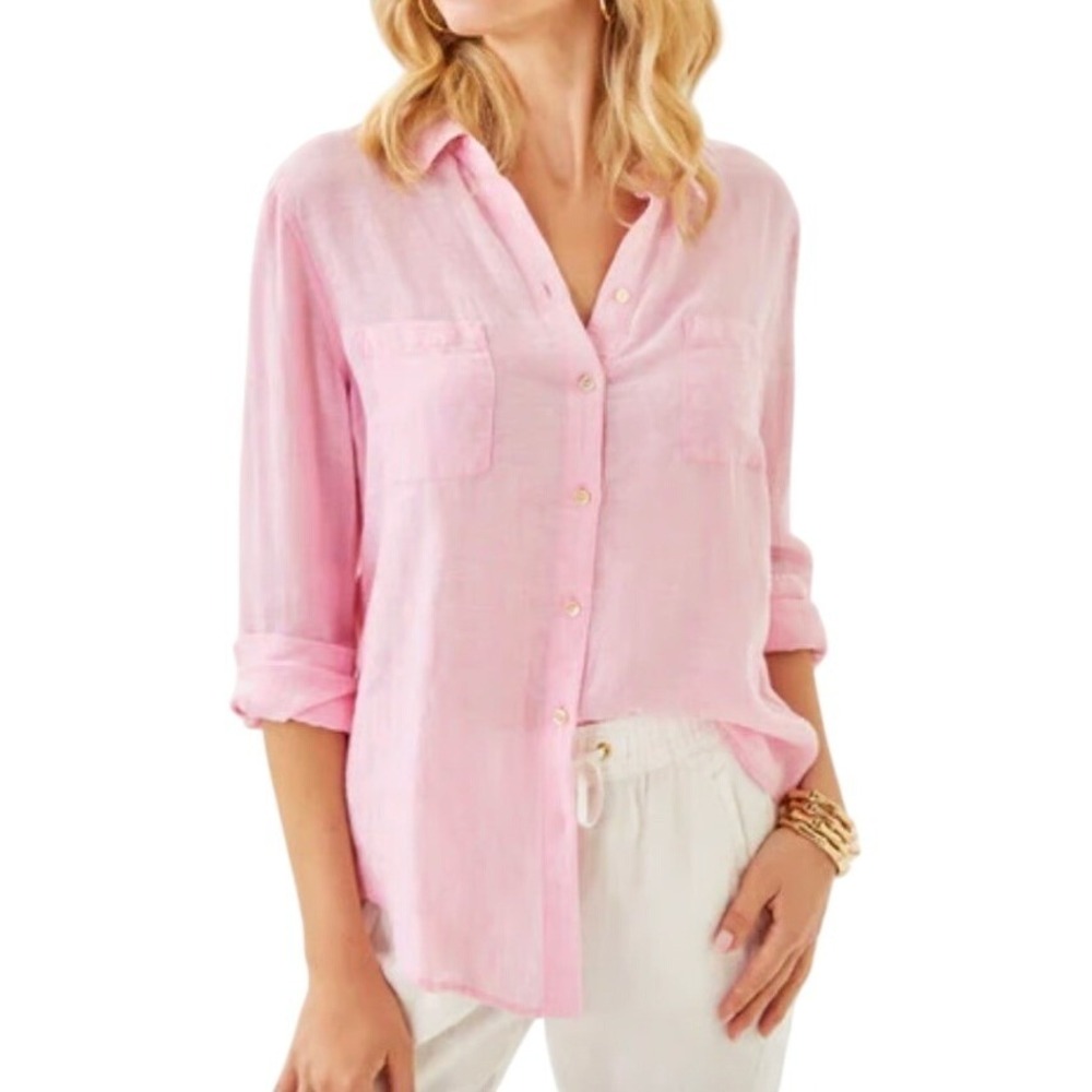 Lilly Pulitzer Pink 100% Linen Button Down Shirt XL Long Sleeve Top Curve Hem